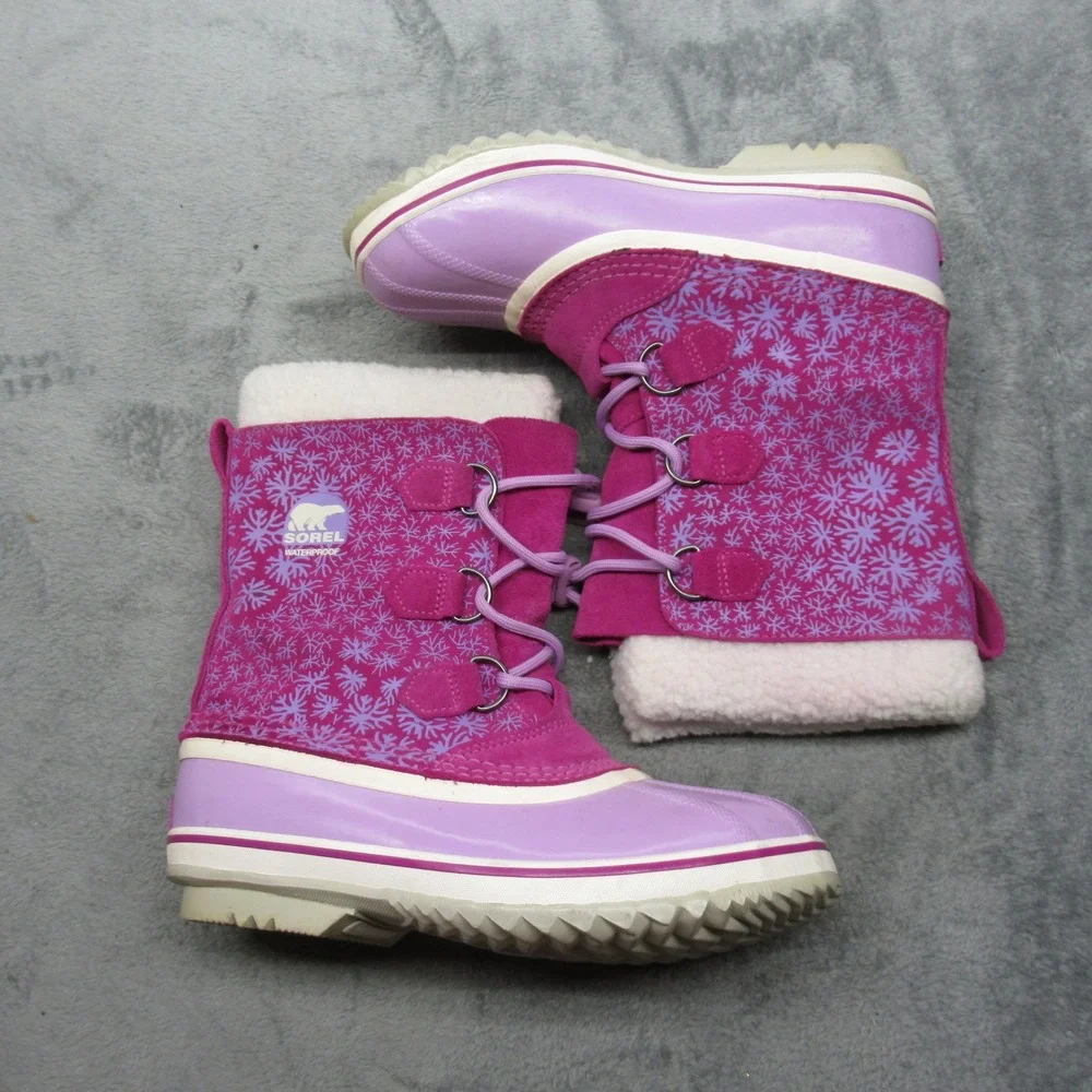 Sorel Snow Boots Youth 6 Purple Snowflake Lace‎ Up Faux Fur Waterproof Winter